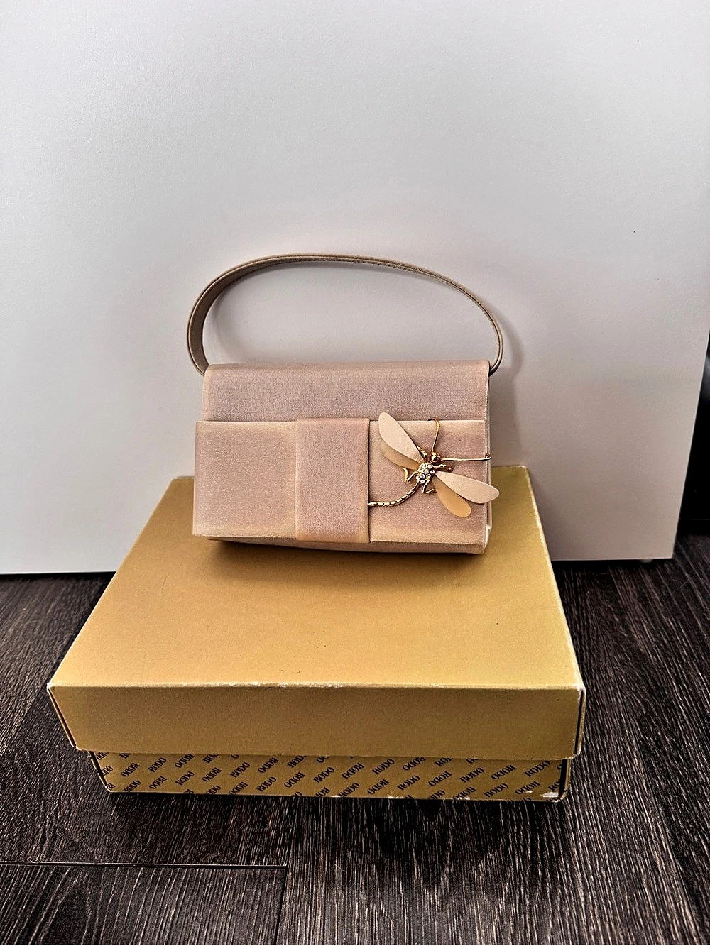 RODO Champagne evening Clutch with Dragonfly Like New